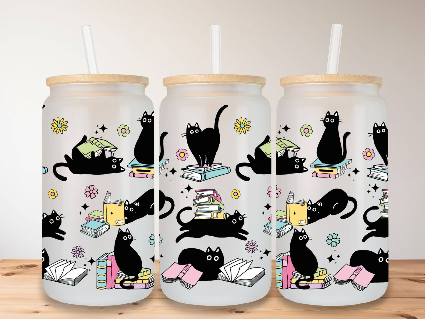 Black Cats with Books 16oz Frosted Glass Can
