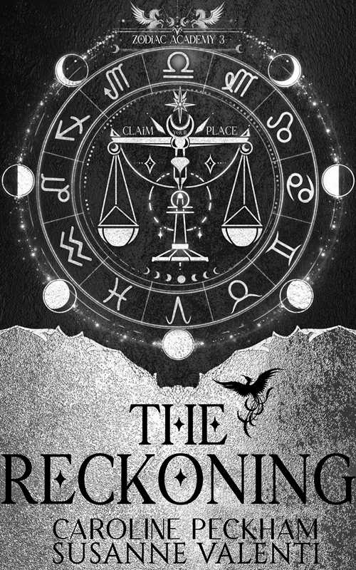 Cover of 'Zodiac Academy 3: The Reckoning' featuring a black and white design with a zodiac wheel, stars, and a dark bird