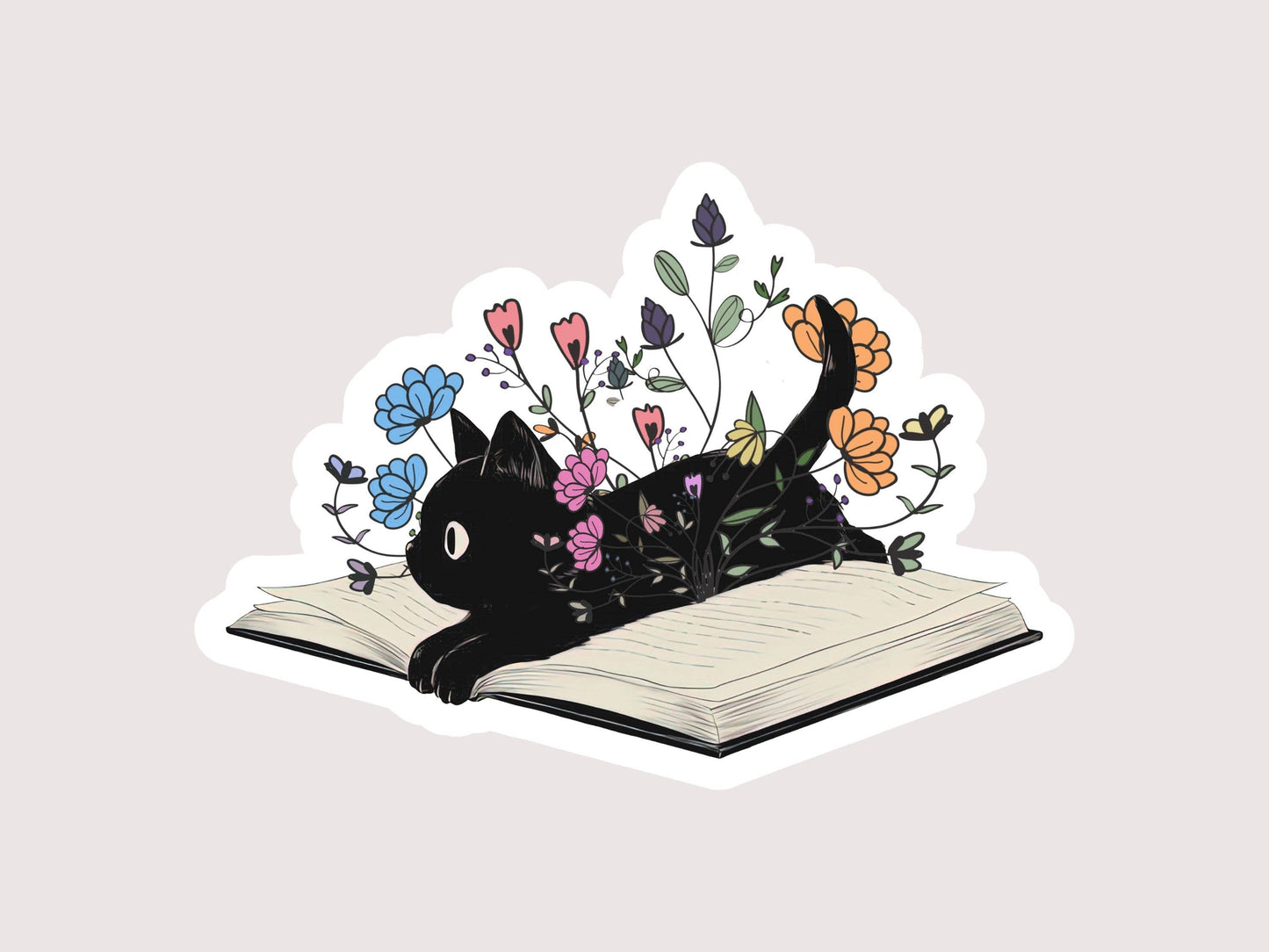 Floral Black Cat with Book Sticker