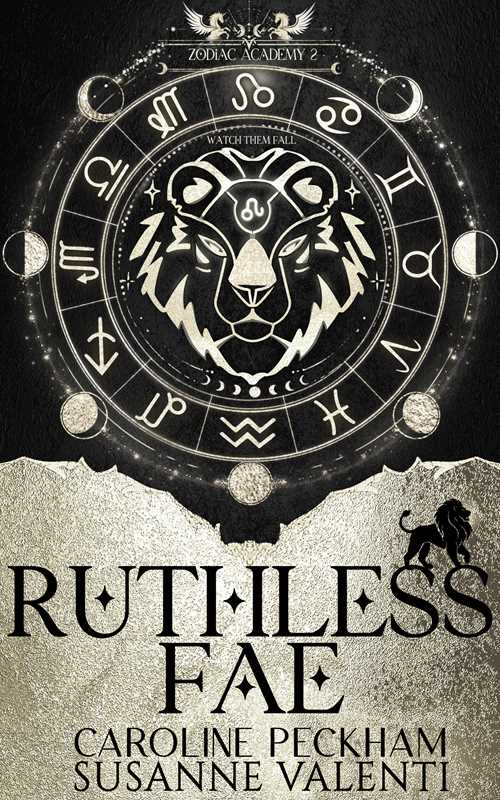 Cover of 'Zodiac Academy 2: Ruthless Fae' featuring a black and white design with a lion, celestial motifs, and the title text.