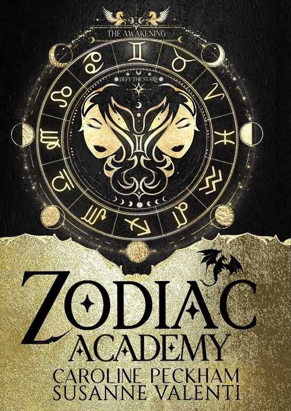 Cover of 'Zodiac Academy 1: The Awakening' featuring a graphic with a wheel of zodiac signs and a face with a dragon-like appearance in the center, titled with the book name and author names.