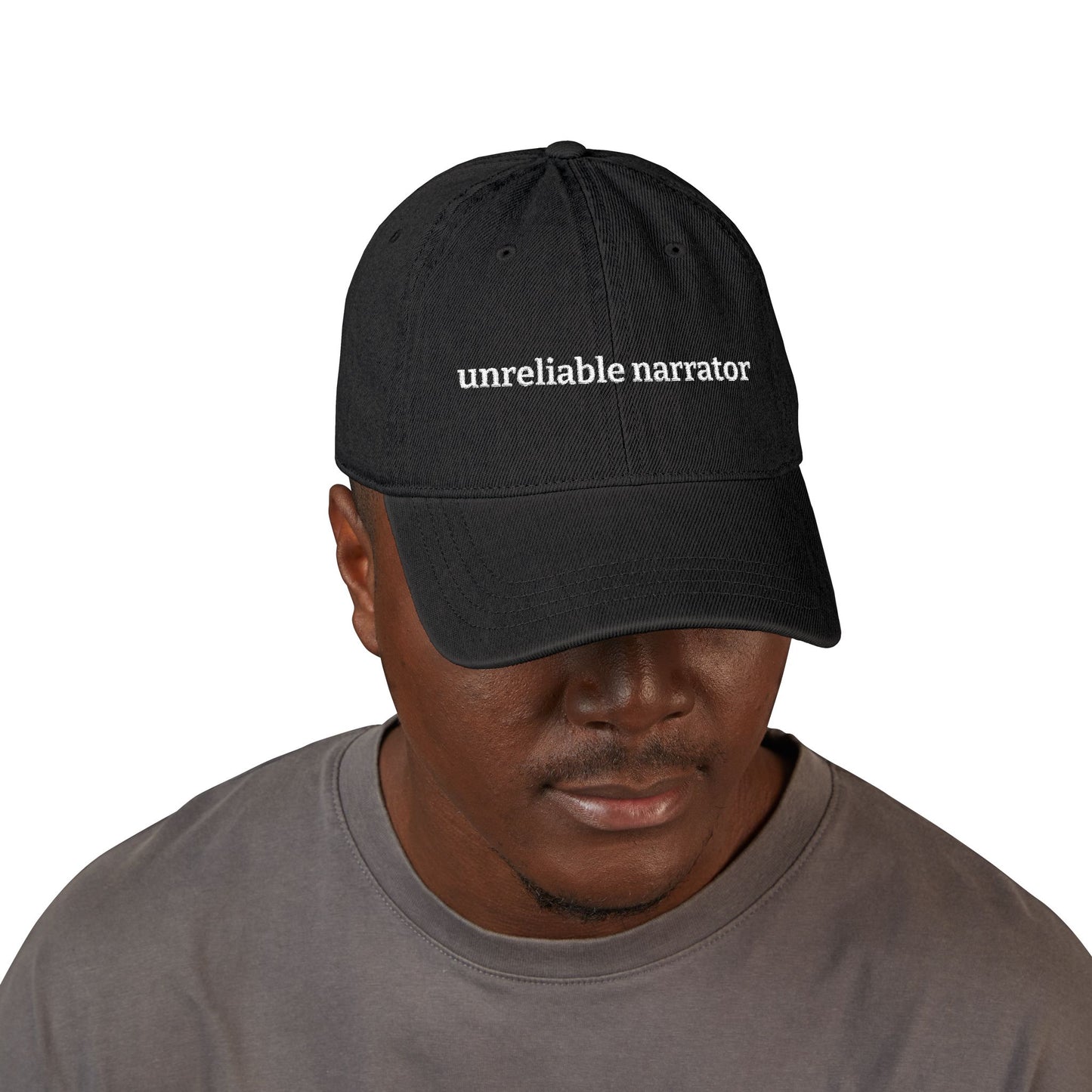 Unreliable Narrator Embroidered Denim Hat — Funny Literary Writer Cap