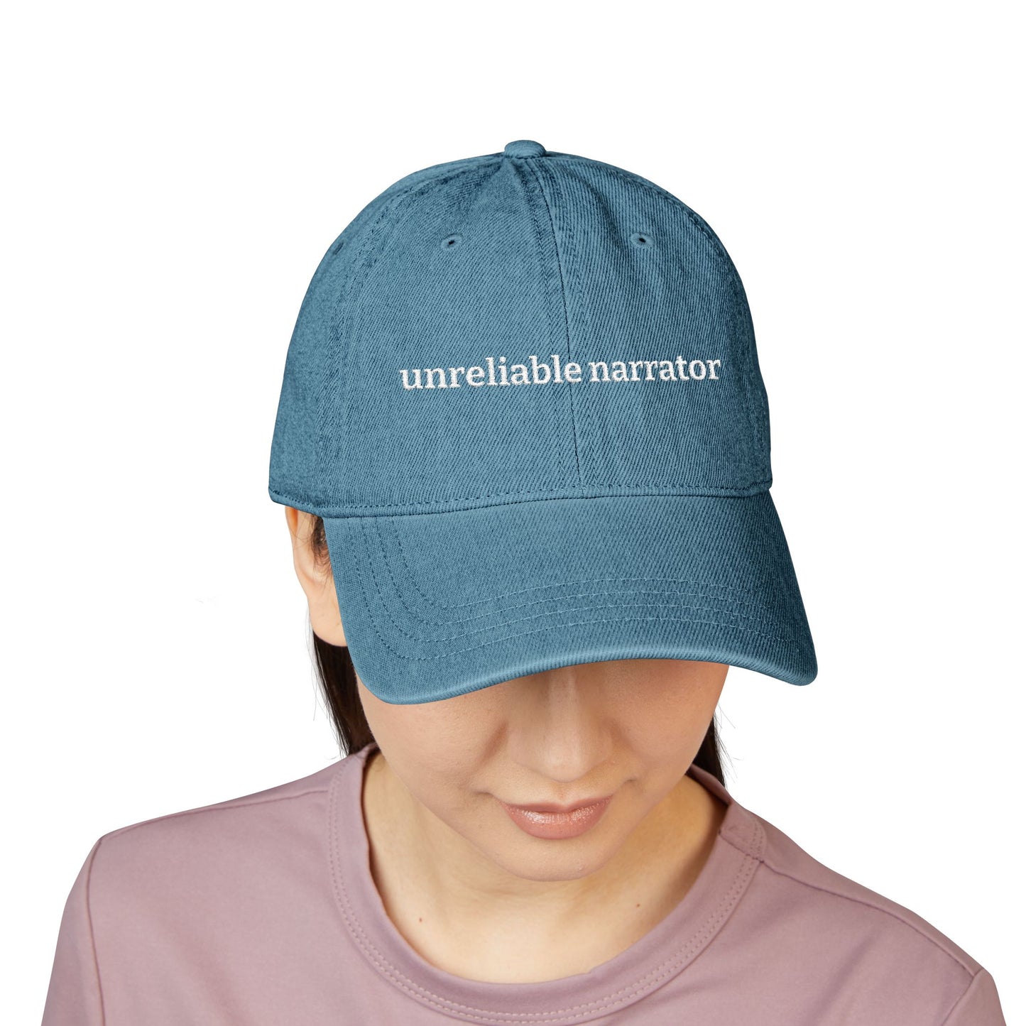 Unreliable Narrator Embroidered Denim Hat — Funny Literary Writer Cap