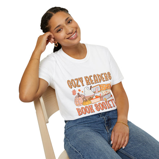 Cozy Readers Book Society T-Shirt, Unisex Softstyle Tee, Fall Reading Shirt, Gift for Book Lovers, Cozy Vibes Apparel