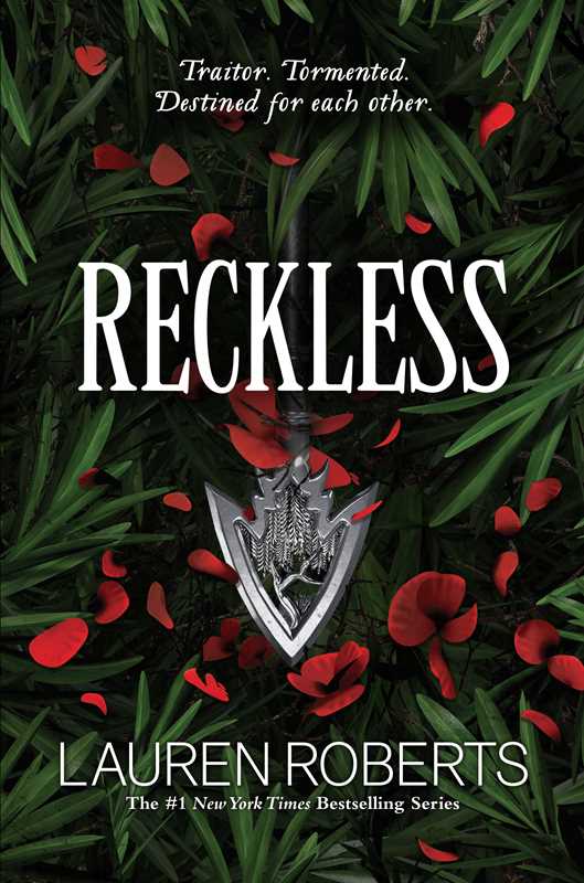 The cover of the book 'Reckless' by Lauren Roberts features a dramatic and romantic design. The image displays a detailed artwork with a silver-haired warrior on a horse, surrounded by a vivid landscape of red and green, with a caption that reads 'Traitor, Tormented, Destined for Each Other'.