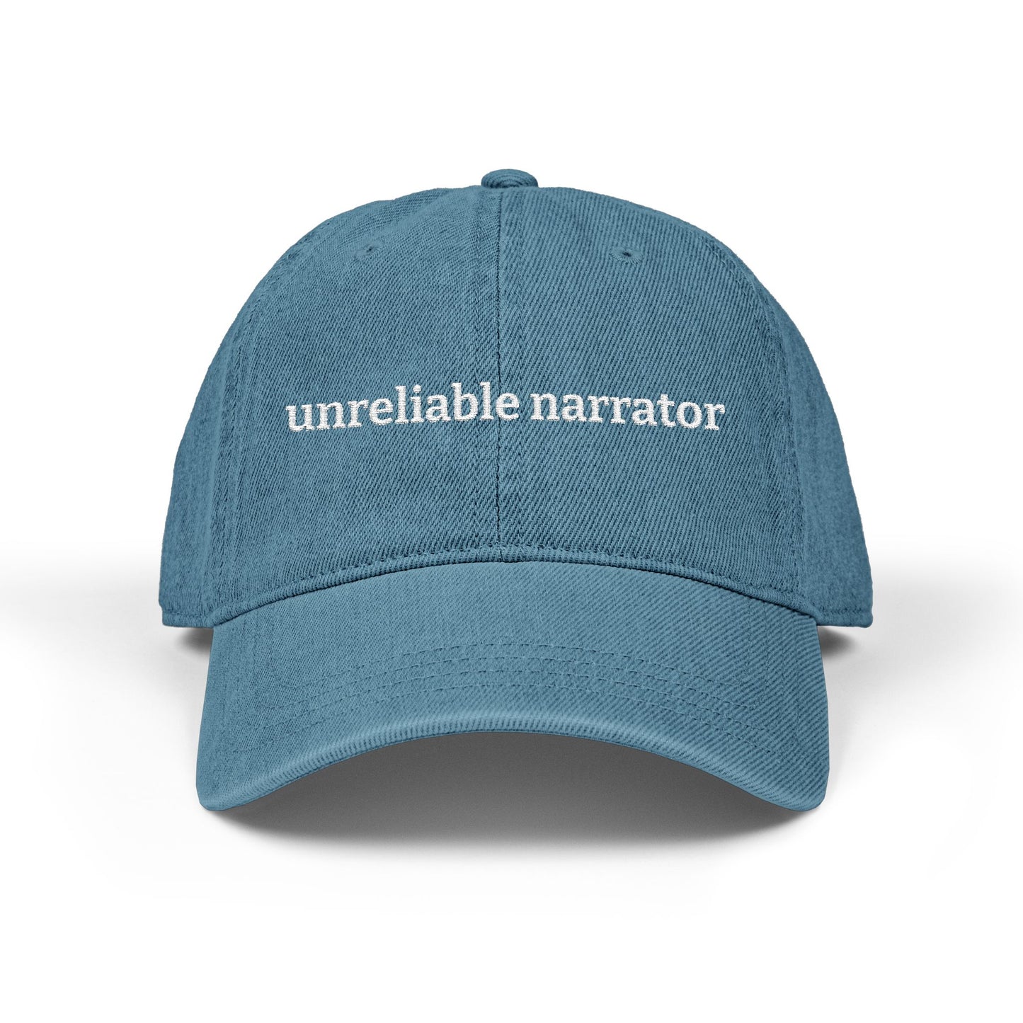 Unreliable Narrator Embroidered Denim Hat — Funny Literary Writer Cap