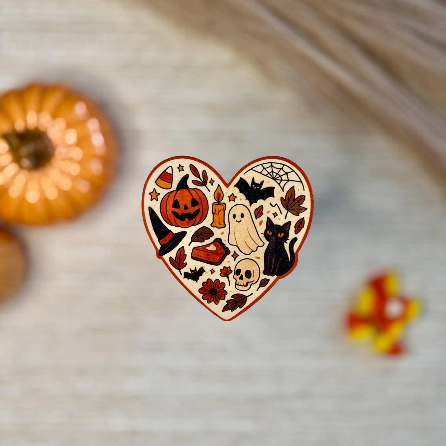 Heart-Shaped Fall & Halloween Waterproof Vinyl Sticker